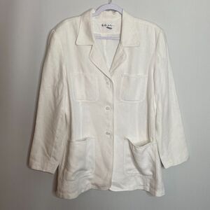VTG Debra DeRoo Satin Lined White Linen 4 Pocket Overcoat Jacket Size M